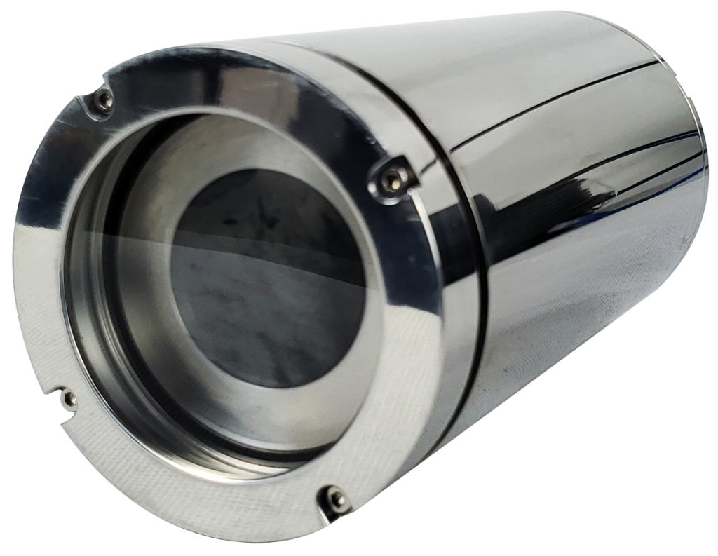 A polished stainless steel cylinder with a dark black lens, showcasing underwater 4k camera.